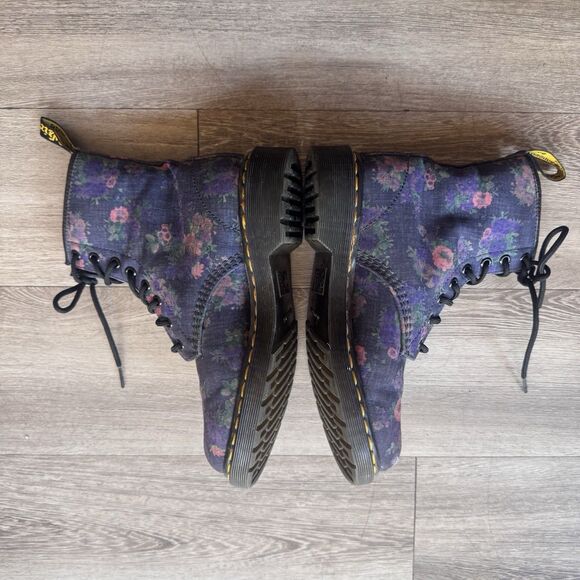 Dr. Martens Castels Airwaves Blue Denim Chambray Canvas Flower Combat Boots Wm 7 - Picture 10 of 16